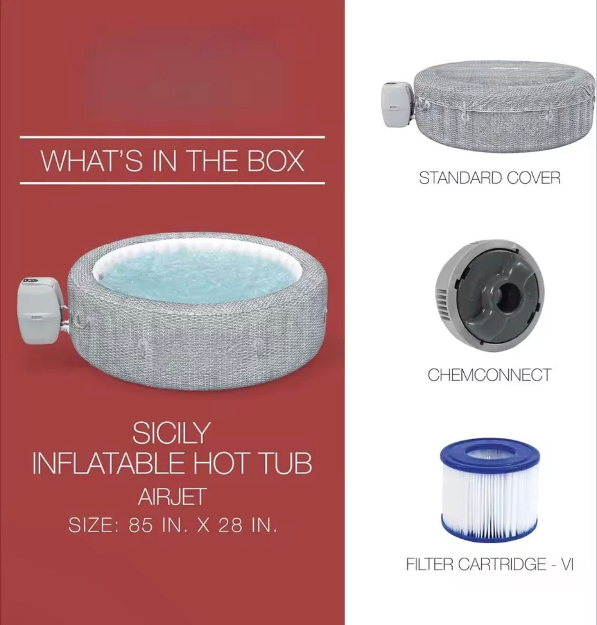 =SaluSpa Sicily AirJet 7 Person Inflatable Hot Tub Round Portable Outdoor Spa with 180 Soothing AirJets and Insulated Cover, Gray