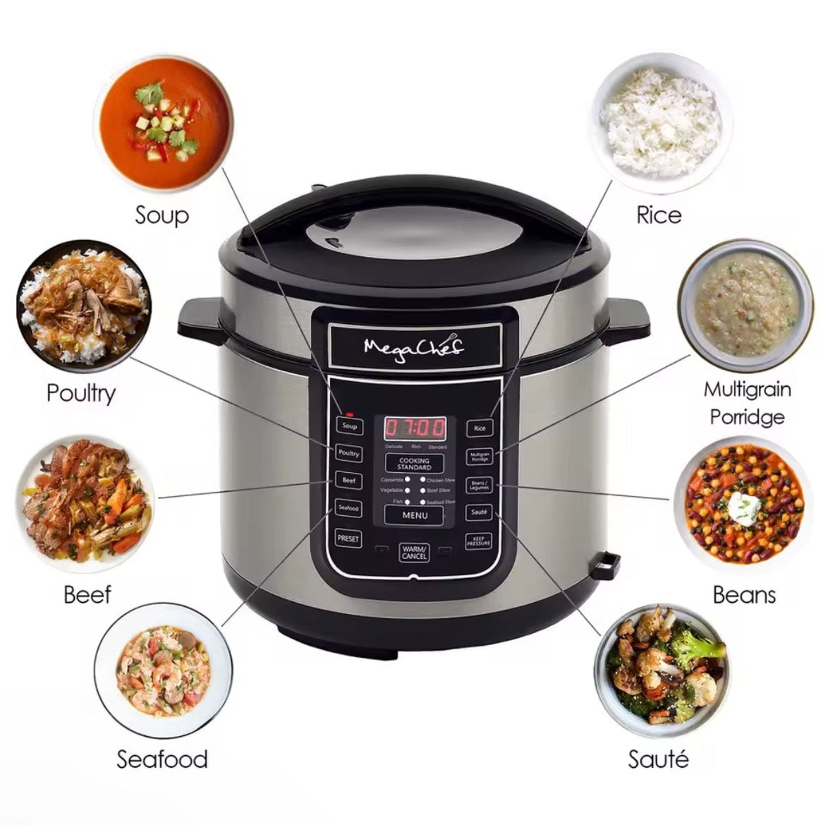 =6 Quart Pressure Cooker Multi Function Pressure Cooking Slow Cooking 14 Pre-Set Menu Automatic Shut-Off Stainless Steel Kitchen