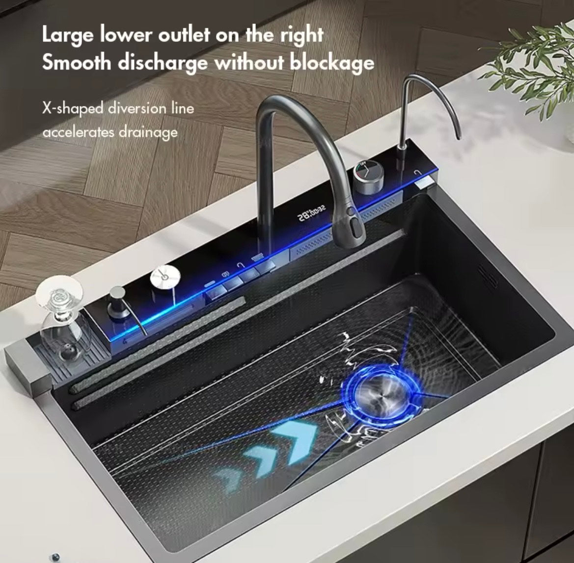 304 Stainless Steel Waterfall Kitchen Sink Large Single Slot Integrated Digital Display Faucet Set Soap Dispenser Cup Washer