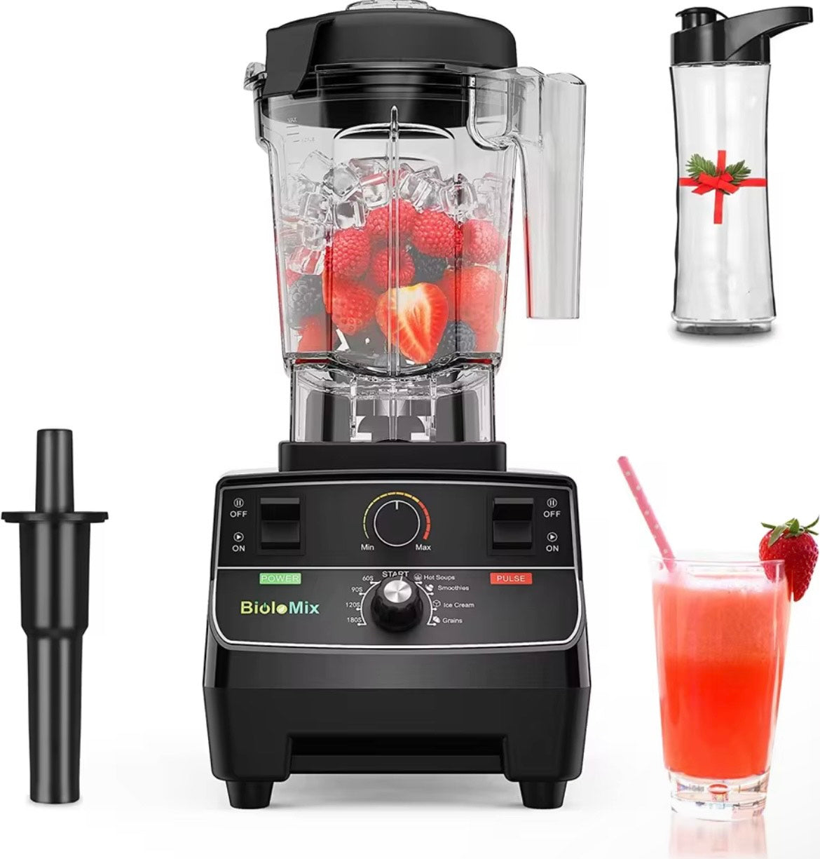 BioloMix 2200W Professional Smart Timer Pre-programed Blender, 2L round jar, Mixer Juicer Food Processor Ice Smoothies Crusher