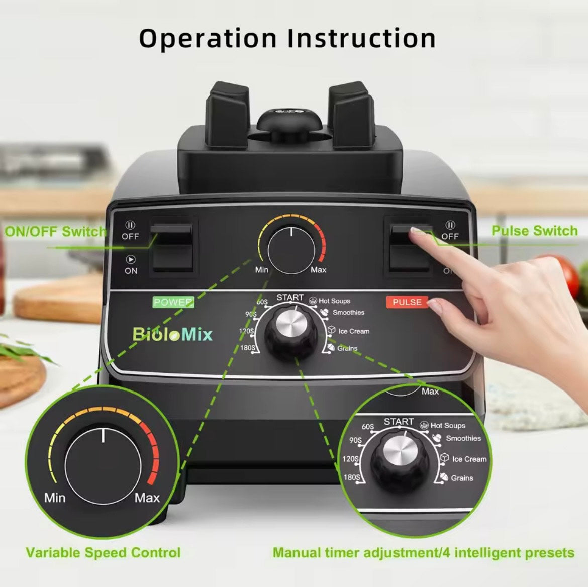 BioloMix 2200W Professional Smart Timer Pre-programed Blender, 2L round jar, Mixer Juicer Food Processor Ice Smoothies Crusher