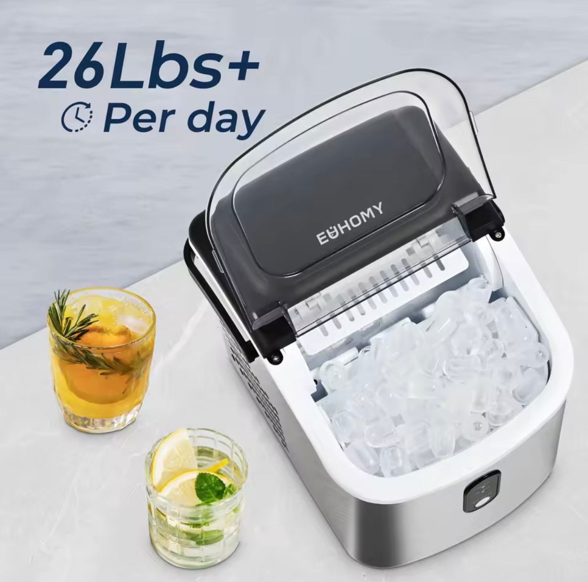 Euhomy Countertop Ice Maker Machine with Handle, 26 lbs/24H, 9 Cubes in 6 Mins, Auto-Cleaning Portable Ice Maker,Silver