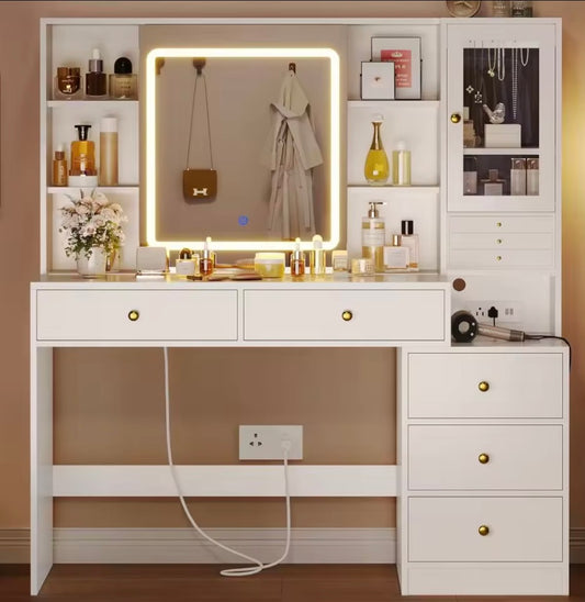 Makeup Vanity Desk with Lights & Sliding Mirror & Power Outlets, Modern Vanity Table with 5 Drawers & Shelves, White Dressing
