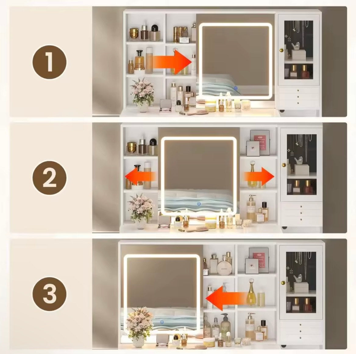 Makeup Vanity Desk with Lights & Sliding Mirror & Power Outlets, Modern Vanity Table with 5 Drawers & Shelves, White Dressing