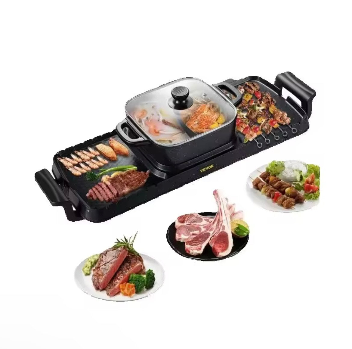 SucceBuy 2in1 Electric BBQ Pan Grill Hot Pot Multifunction Home Portable Smokeless Nonstick Detachable Hot Pot Barbecue Plate