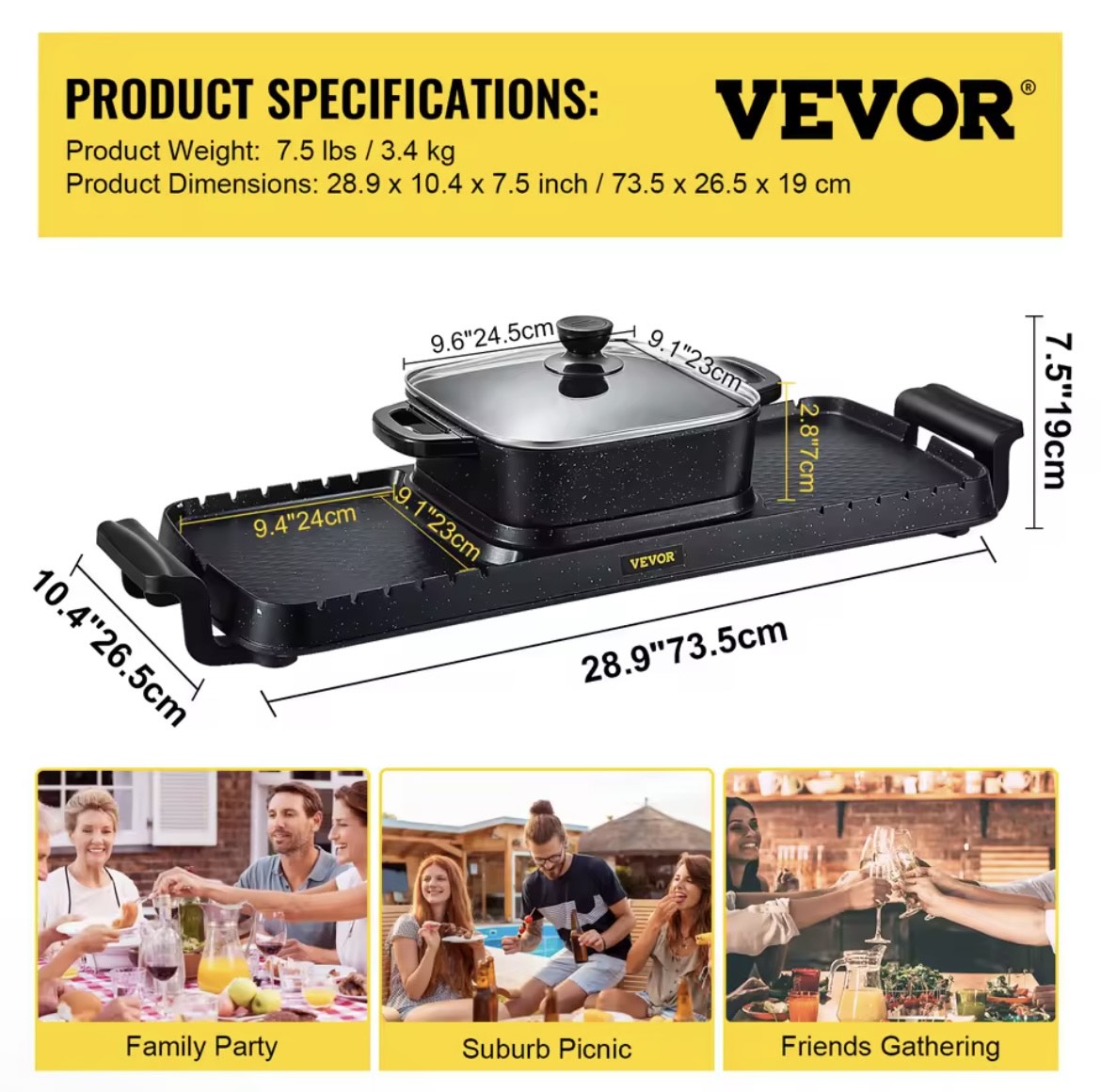 SucceBuy 2in1 Electric BBQ Pan Grill Hot Pot Multifunction Home Portable Smokeless Nonstick Detachable Hot Pot Barbecue Plate