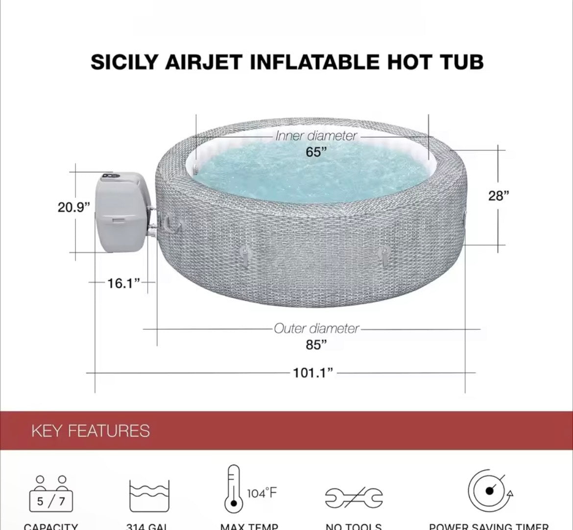 =SaluSpa Sicily AirJet 7 Person Inflatable Hot Tub Round Portable Outdoor Spa with 180 Soothing AirJets and Insulated Cover, Gray
