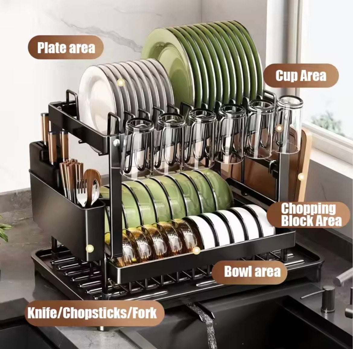 =For kitchen countertops, use a two-layer dish drying rack and a kitchen countertop dish draining rack with a draining board