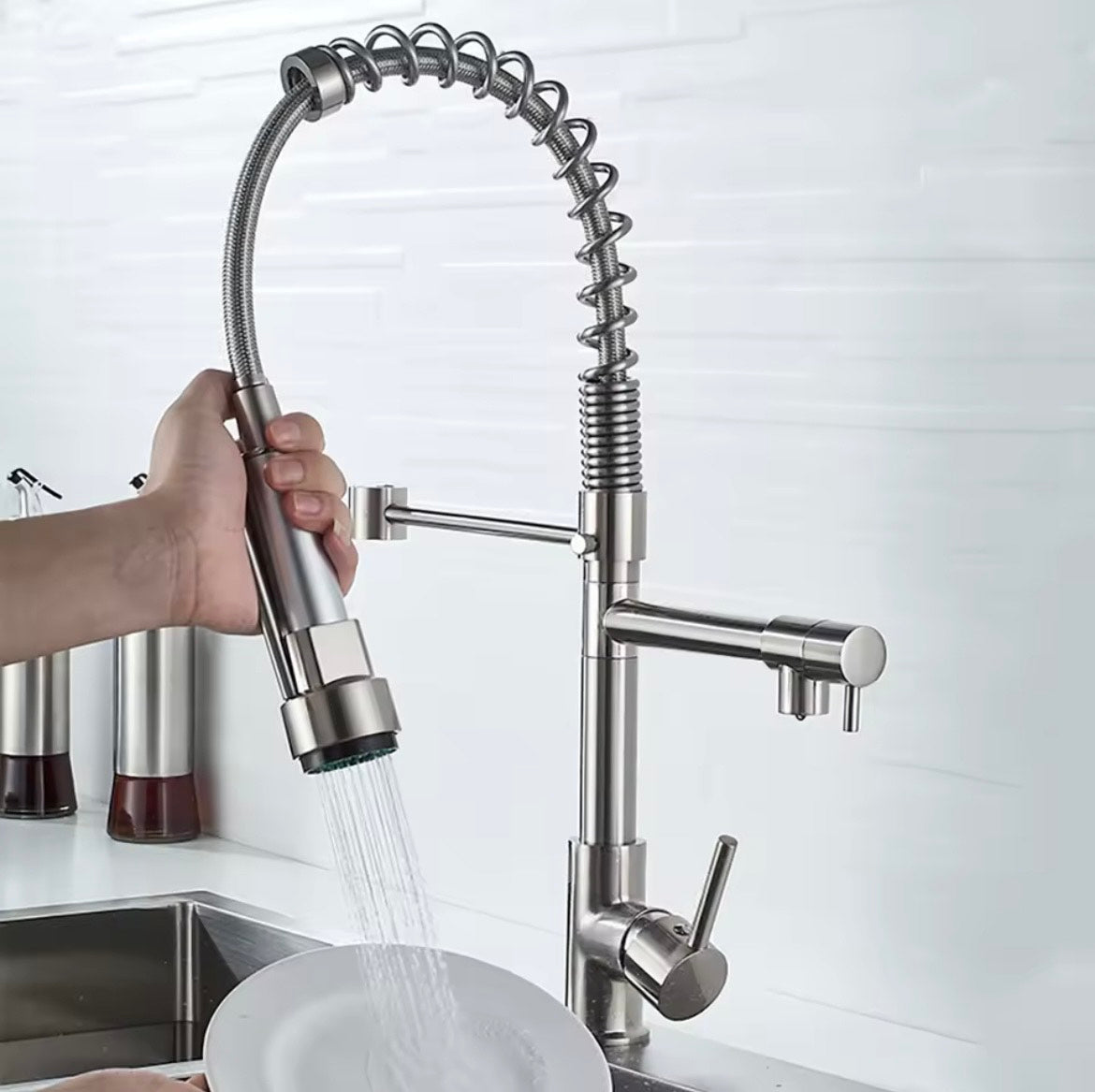 DQOK silver Brushed Spring Pull Down Kitchen Sink Faucet Hot & Cold Water Mixer Crane Tap with Dual Spout Deck Mounted
