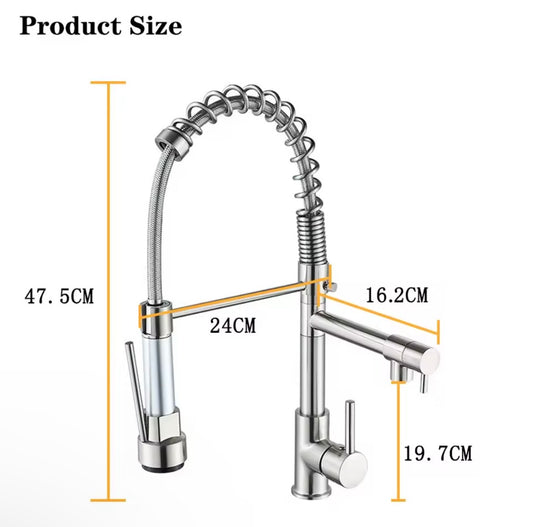 DQOK silver Brushed Spring Pull Down Kitchen Sink Faucet Hot & Cold Water Mixer Crane Tap with Dual Spout Deck Mounted