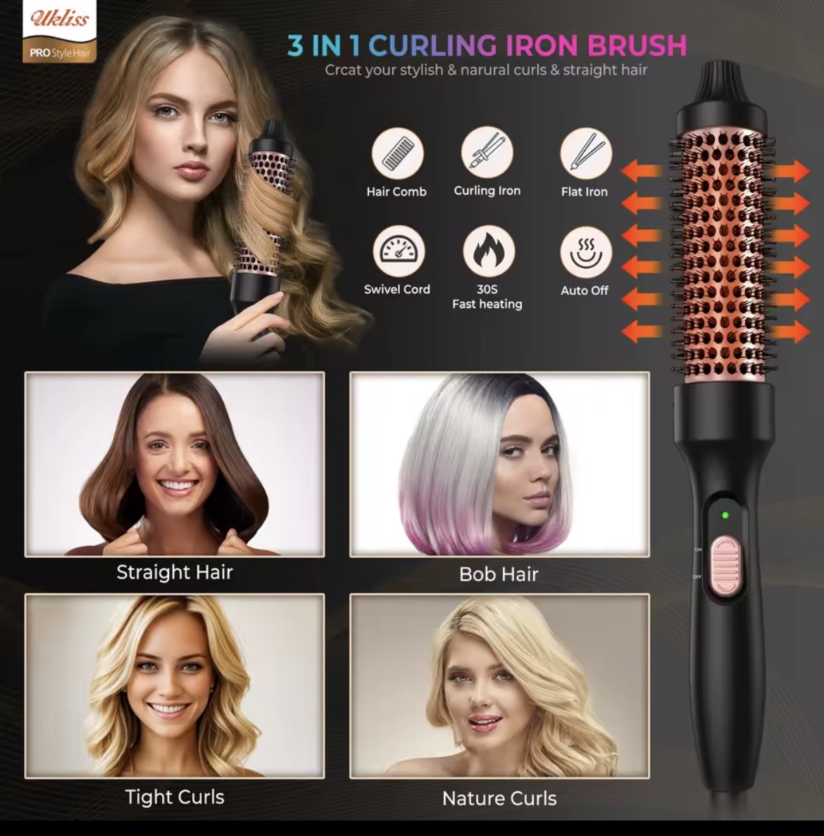 =Thermal Brush Hot Air Brush&volumizer Hair Curler Straightener Hair Styling Brush Professional Curling Iron Heated 32mm